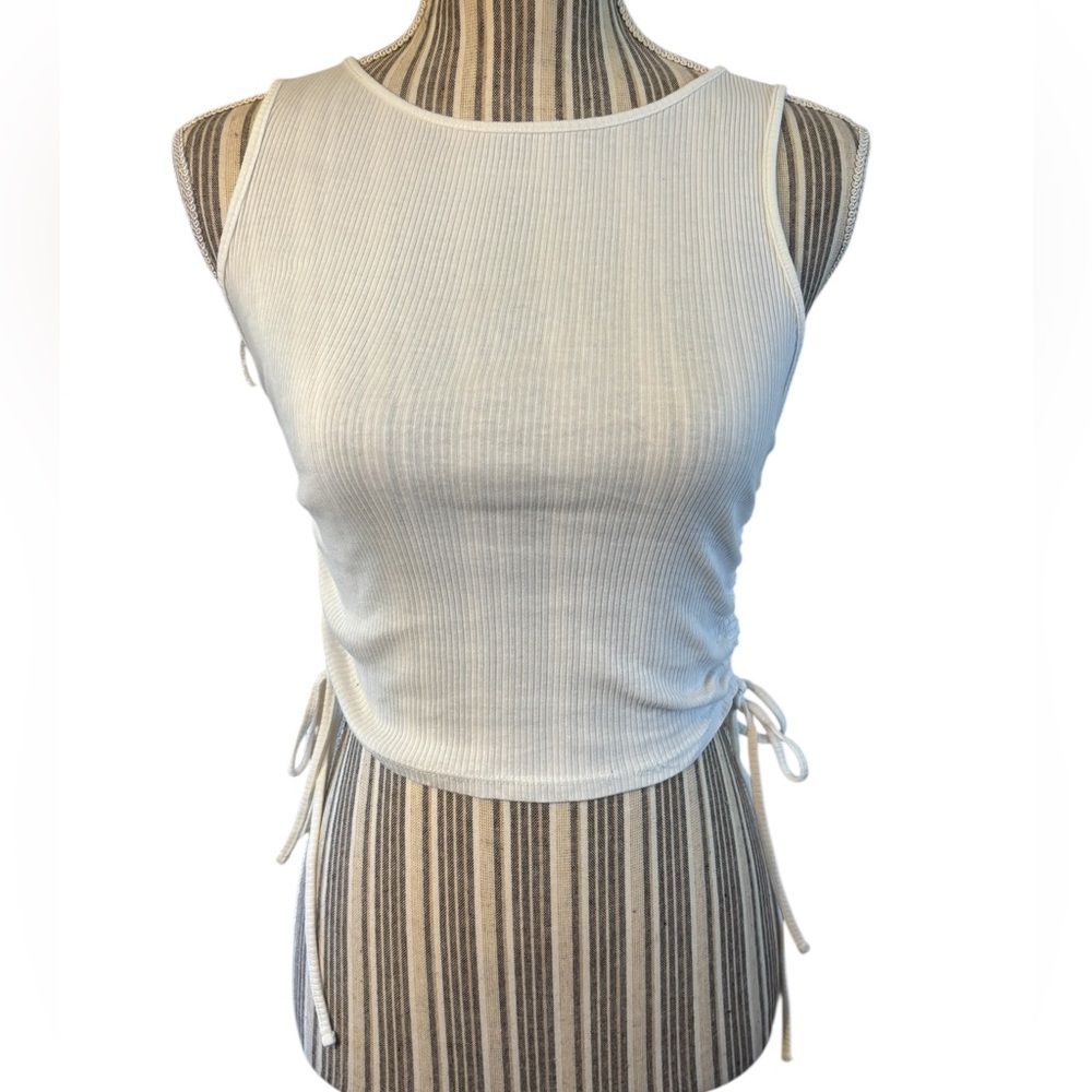 Divided Crop Top Small White Ribbed Ruched Sides with Ties Cotton Elastane